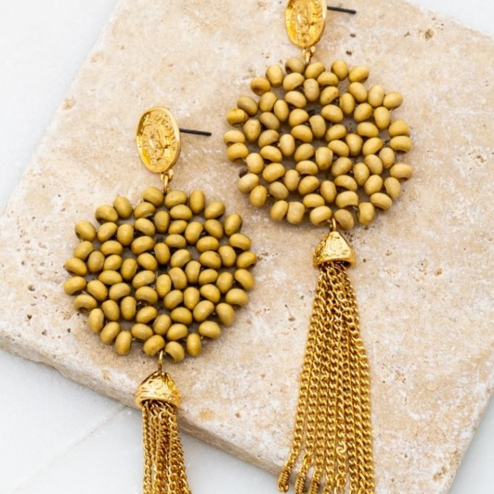 Wood bead flower disc with chain tassel earrings.